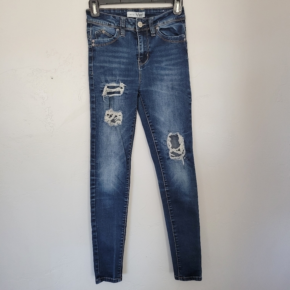 YMI Curvy Fit Dark Wash Denim Distressed Skinny Jeans 3 26
